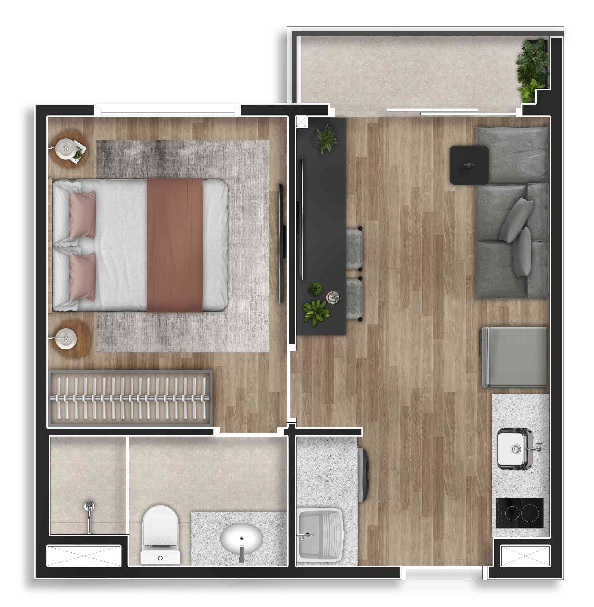 Compacto e funcional, com excelente aproveitamento de espaço. Destaque para a varanda e integração entre cozinha e estar.