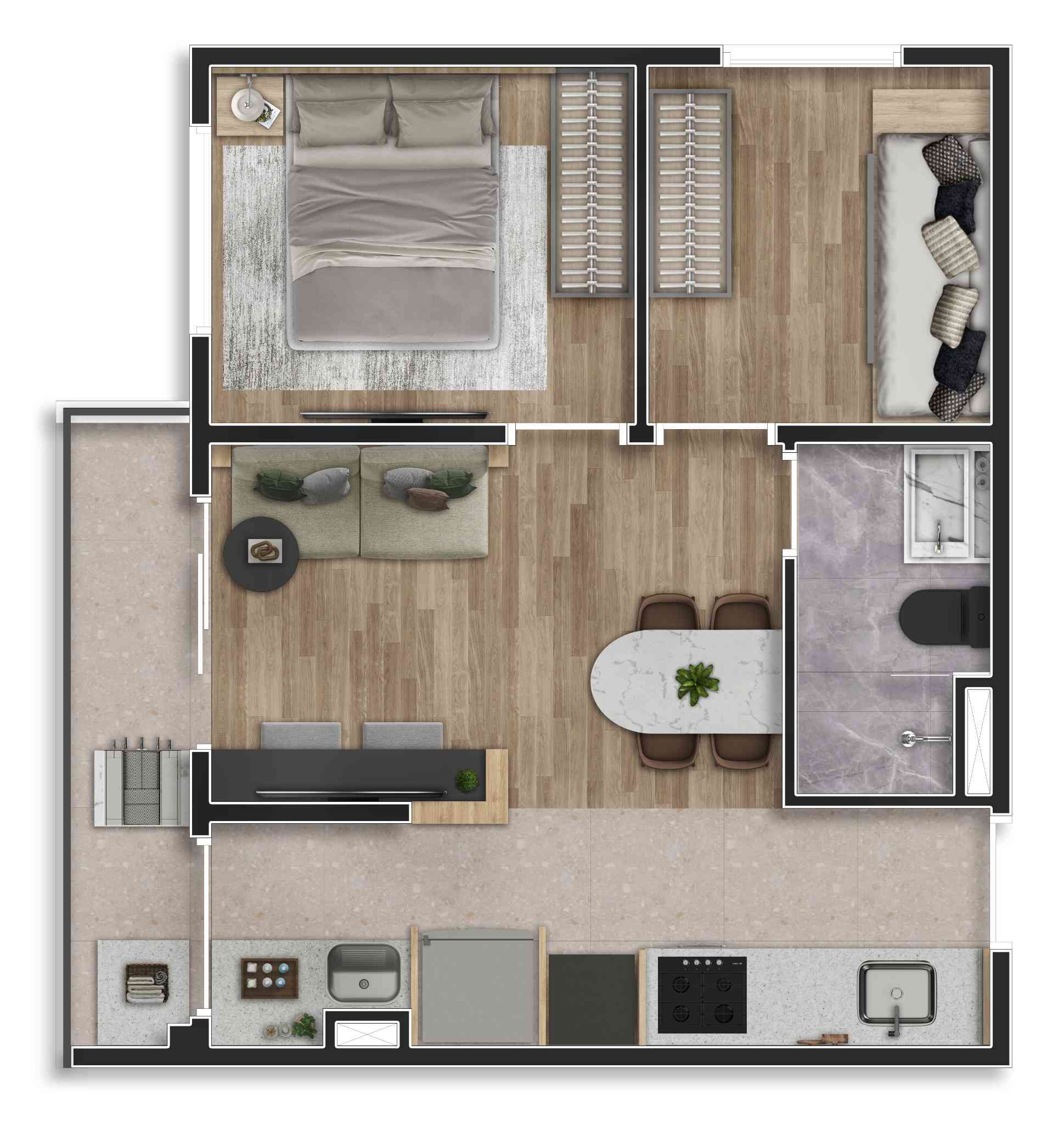 Ambientes bem distribuídos com dormitório confortável, sala integrada e varanda. Ideal para quem busca praticidade com estilo.