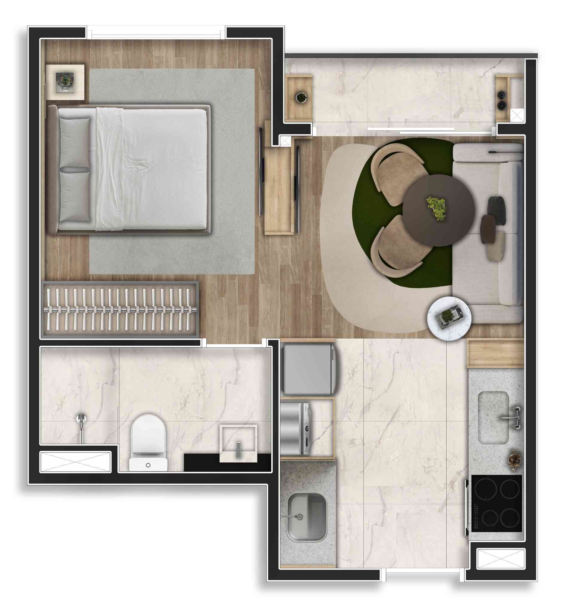 Planta inteligente com sala, cozinha e dormitório bem definidos. A escolha certa para morar com conforto em um espaço otimizado.