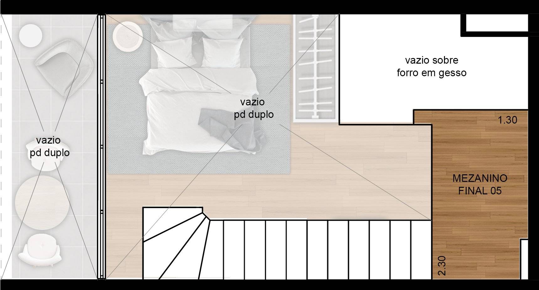 Planta superior do duplex com dormitório e vista para o andar inferior, criando um ambiente integrado com pé-direito duplo.