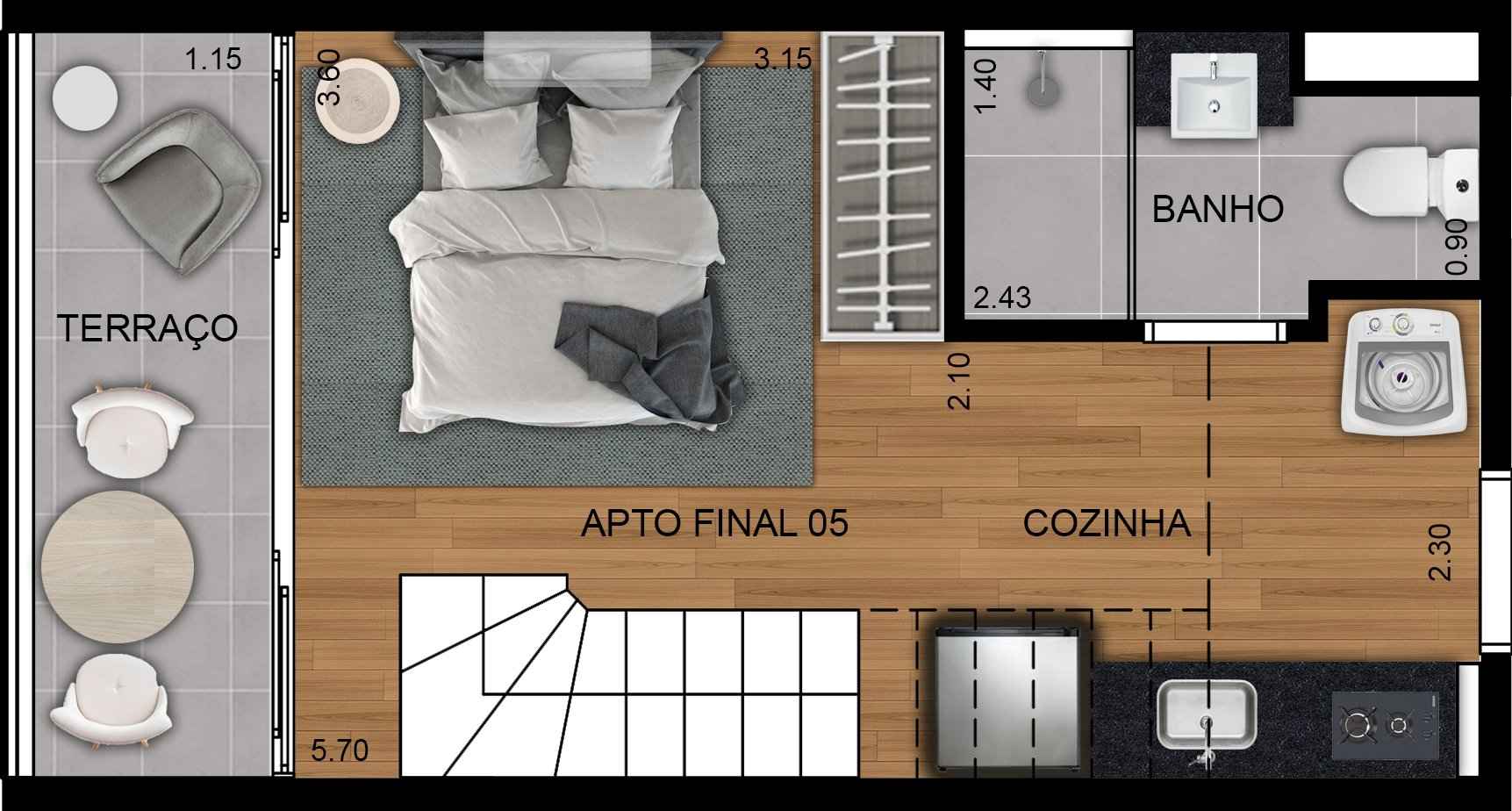 Planta térrea do duplex com espaço funcional, cozinha americana, banheiro, dormitório e varanda privativa.