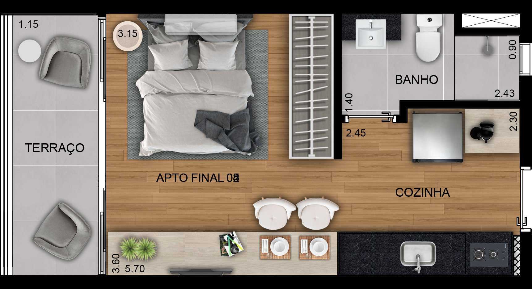 Studio compacto com ambientes integrados, ideal para quem busca funcionalidade e praticidade no Itaim Bibi.